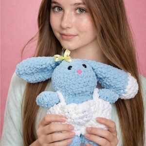 Handmade Blue Crochet Bunny Plush 🐰 Soft Chenille Easter Bunny w/ Overalls